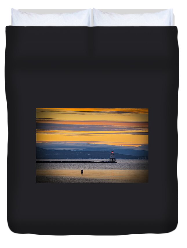 Lighthouse Duvet Cover featuring the photograph Burlington Lighthouse Sunset by Vance Bell