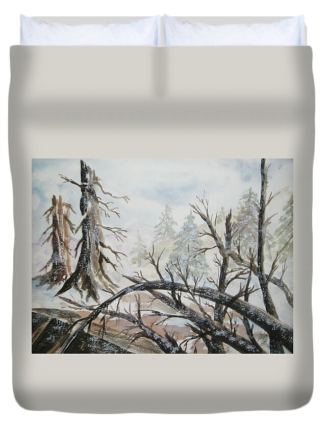 Burned Forest Duvet Cover featuring the painting Burned Forest in the Snow by Ellen Levinson