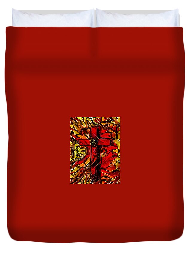 Jesus Duvet Cover featuring the digital art Burning Cross of Jesus by Lessandra Grimley