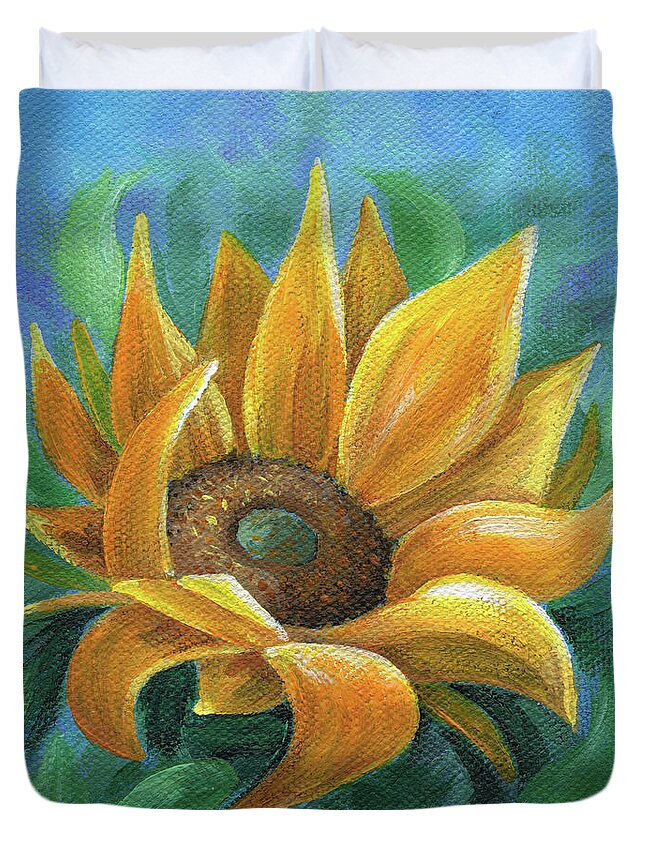 Sunflower Duvet Cover featuring the painting Burst of Sunshine by Annie Troe