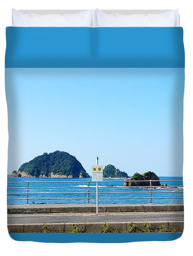 Bus Station Sea Sky Blue Duvet Cover featuring the photograph Bus Station by Yu Shiraishi