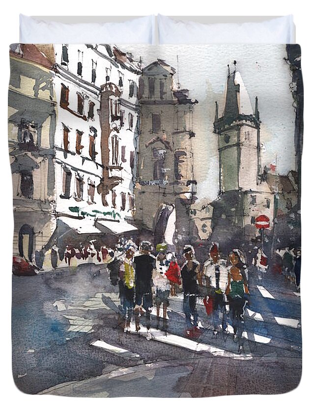 Landscape Duvet Cover featuring the painting Busy summer day in Prague by Gaston McKenzie