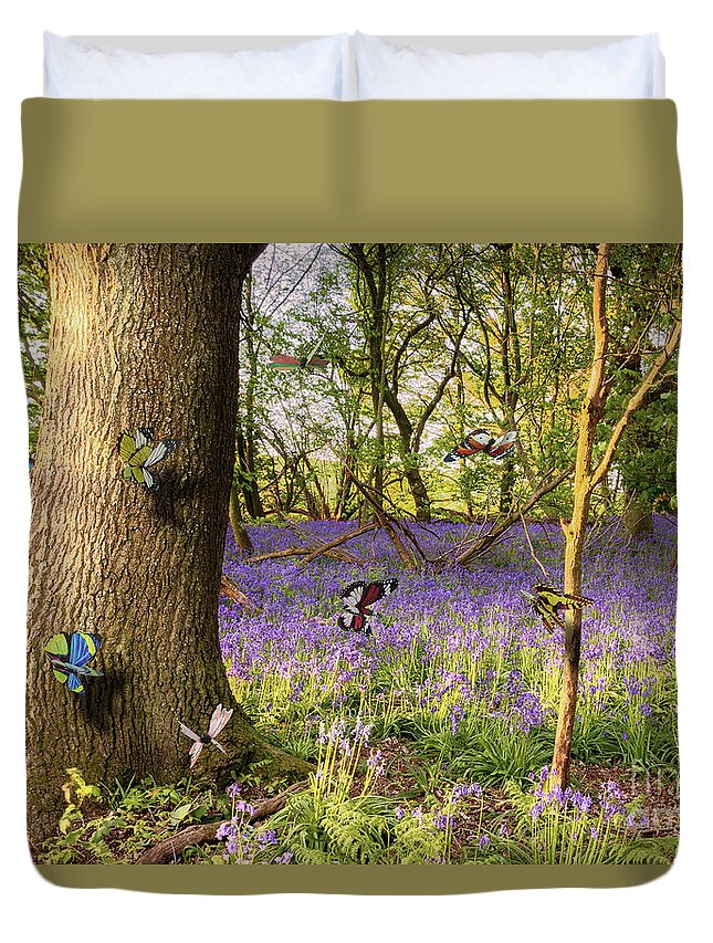 Butterflies Duvet Cover featuring the photograph Butterflies in a bluebell woodland by Simon Bratt