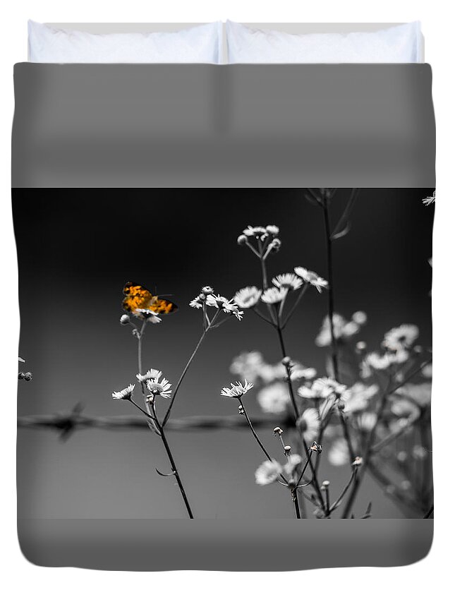 Butterfly Duvet Cover featuring the photograph Butterfly and Barb Wire by Holden The Moment