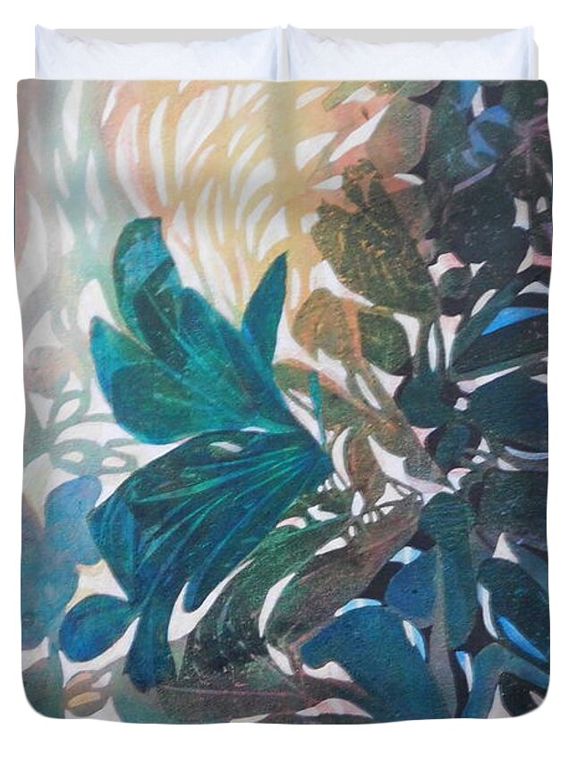 A Bright Rainbow-colored Garden Welcomes This Beautiful Blue Butterfly. The Peaceful Setting Is The Perfect Piece To Brighten A Dark Corner And Bring A Feeling Of Tranquility. Duvet Cover featuring the painting Butterfly Blue by Joan Clear