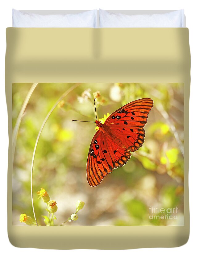 Gulf Fritillary Butterfly Duvet Cover featuring the photograph Butterfly Gulf Fritillary on Beach by Luana K Perez