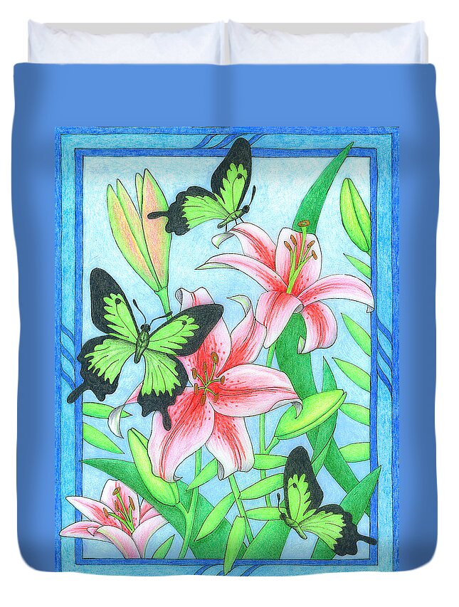 Flower Duvet Cover featuring the drawing Butterfly Idyll- Lilies by Alison Stein