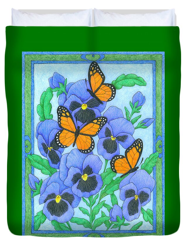 Flower Duvet Cover featuring the drawing Butterfly Idyll-Pansies by Alison Stein