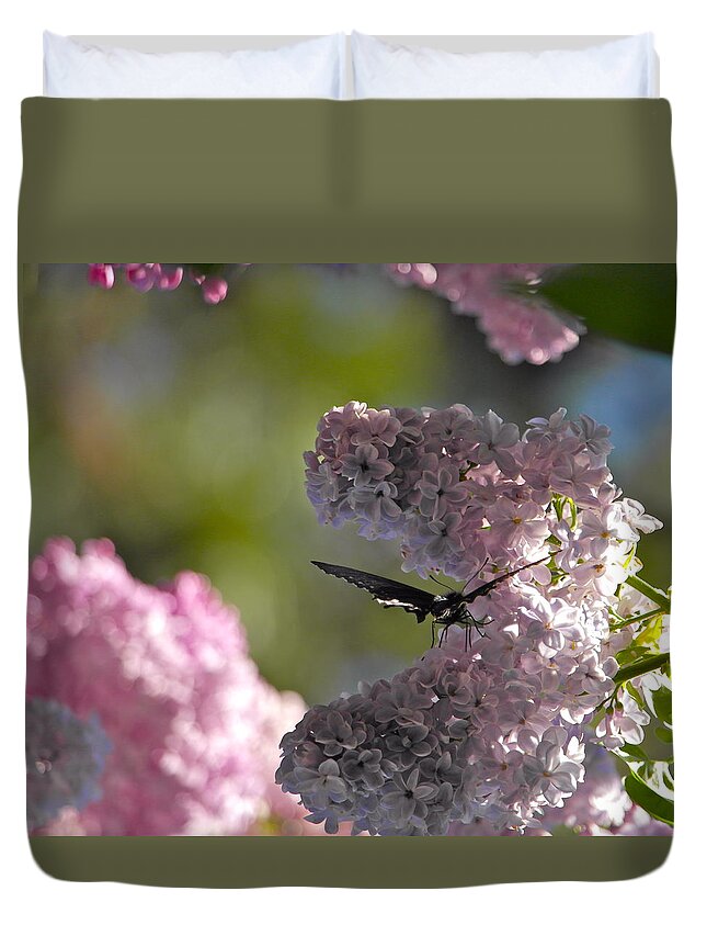 Butterfly Duvet Cover featuring the photograph Butterfly in the Lilacs by Michele Myers
