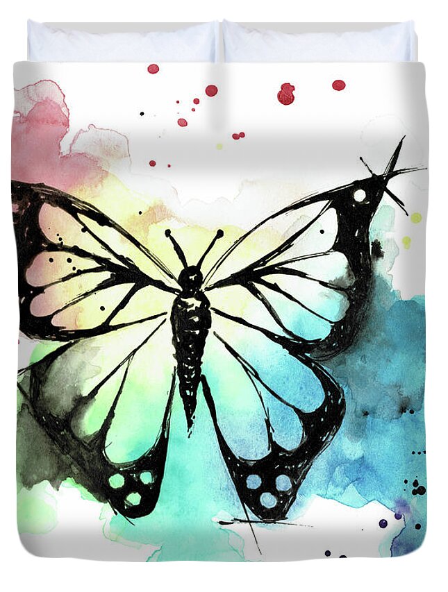 Butterfly Duvet Cover featuring the painting Butterfly in Watercolor and India Ink by Emily Page