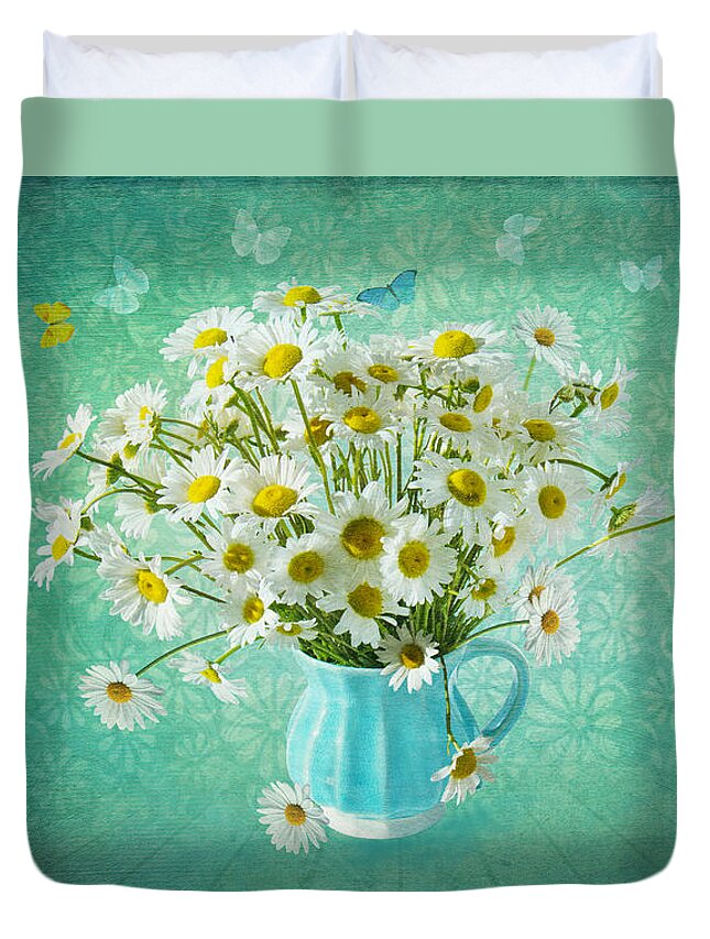 Daisy Duvet Cover featuring the photograph Butterfly Kisses and Flower Petal Wishes by Marina Kojukhova