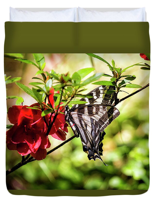 Butterfly Duvet Cover featuring the photograph Butterfly on an Azalea by Belinda Greb