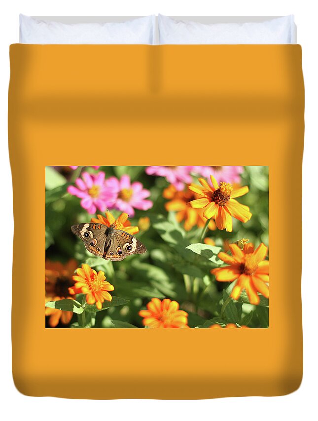 Nature Duvet Cover featuring the photograph Butterfly on bright flowers by Karen Ruhl