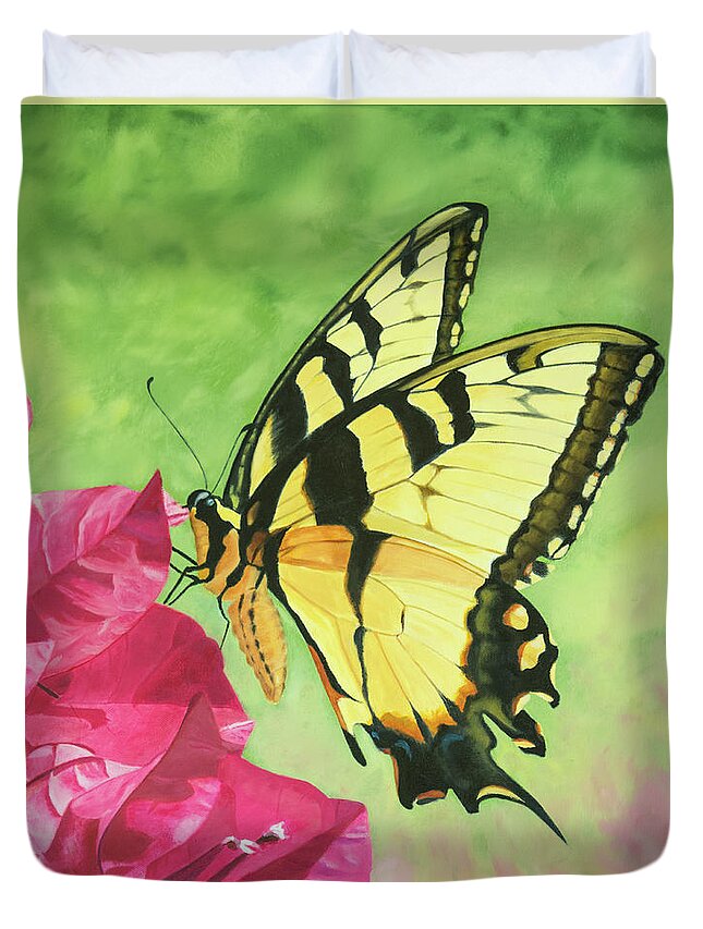 Butterfly Duvet Cover featuring the painting Butterfly on the Bougainvillea by Jimmie Bartlett