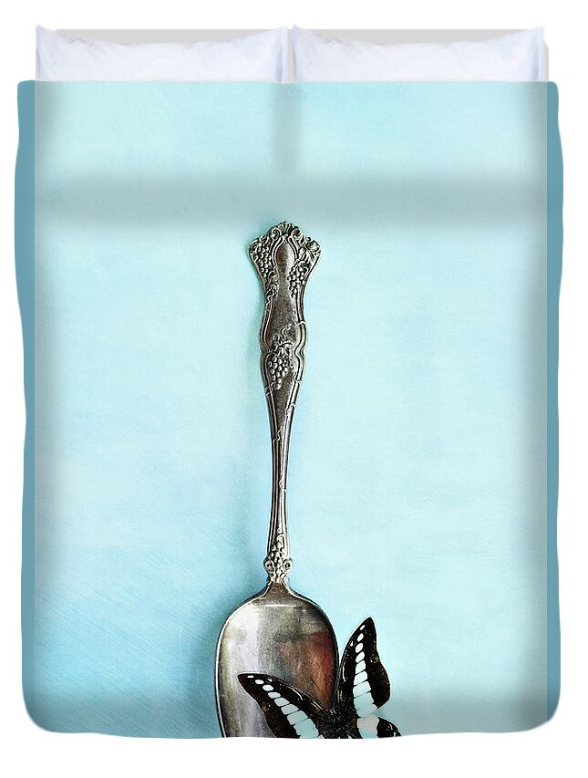 Antique Duvet Cover featuring the photograph Butterfly Resting on Antique Spoon by Stephanie Frey