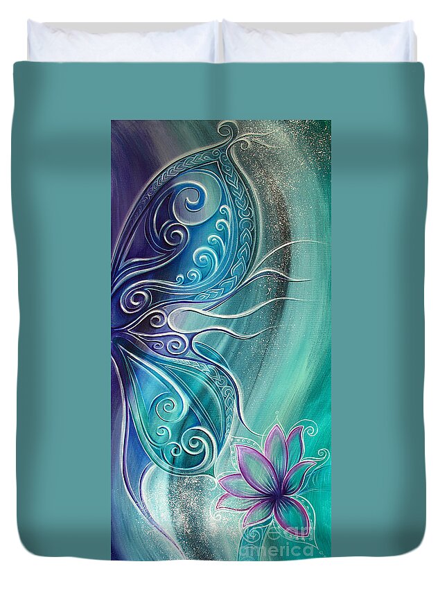 Butterfly Duvet Cover featuring the painting Butterfly Wing with Lotus by Reina Cottier