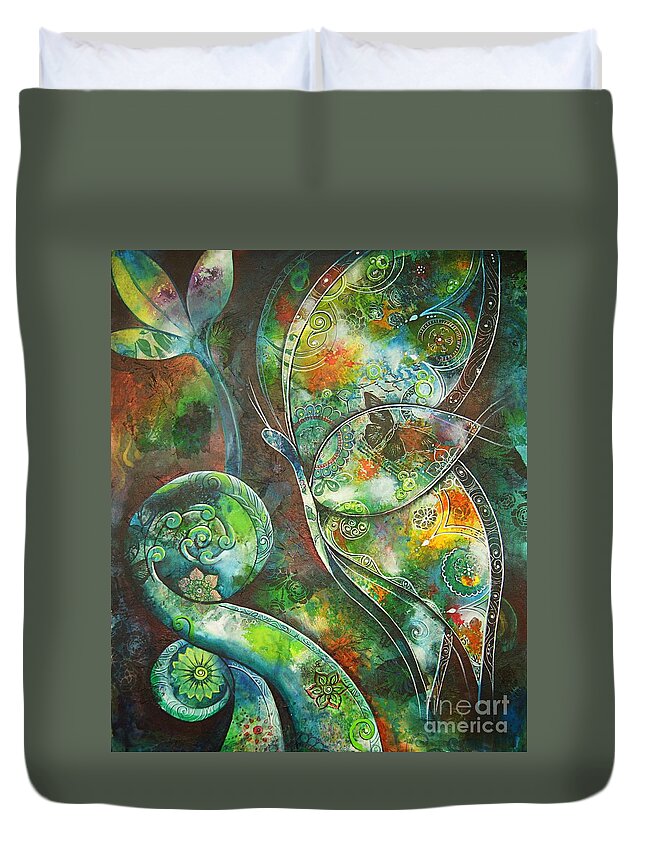 Butterfly Duvet Cover featuring the painting Butterfly with Koru by Reina Cottier by Reina Cottier