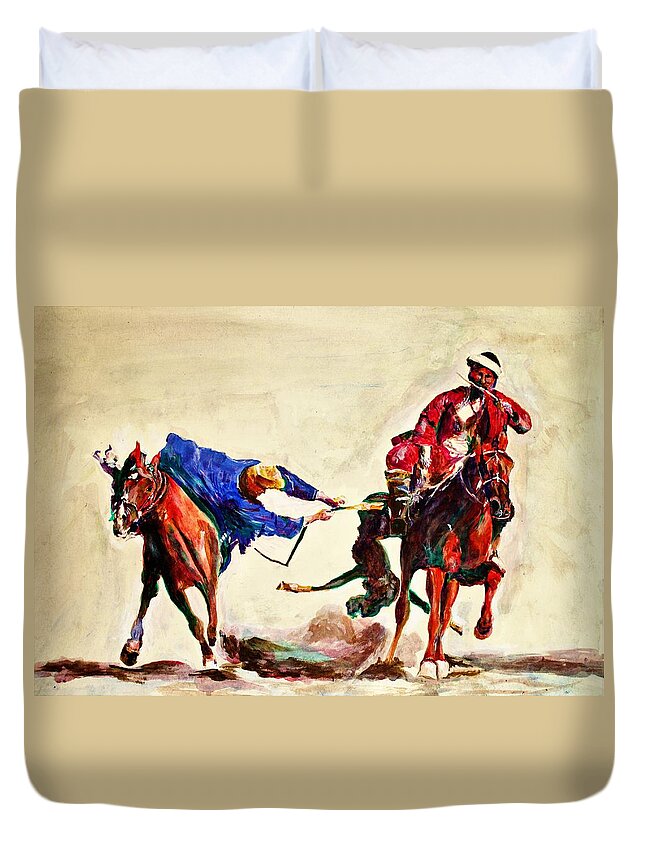 Buzkashi Duvet Cover featuring the painting Buzkashi, a power game by Khalid Saeed