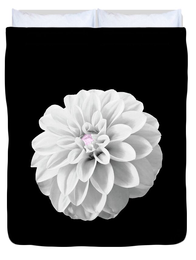 Dahlia Duvet Cover featuring the photograph BW Dahlia And Touch Of Pink by Johanna Hurmerinta