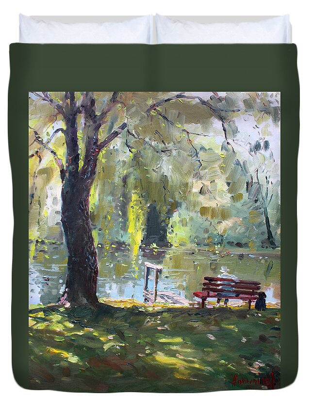 Lake Duvet Cover featuring the painting By The Lake by Ylli Haruni