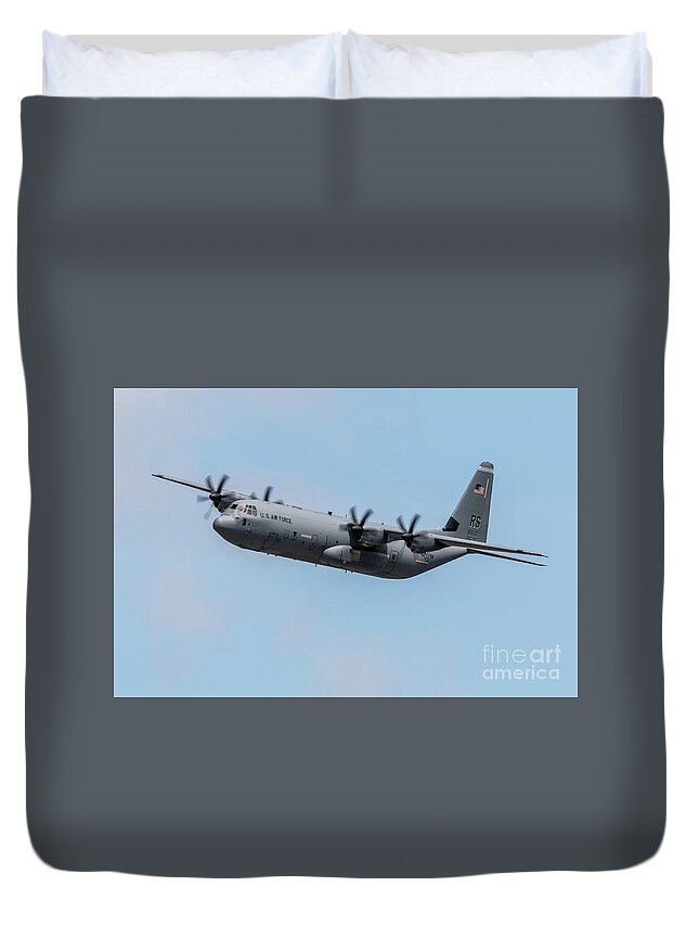 C130 Duvet Cover featuring the digital art C-130E Hercules by Airpower Art