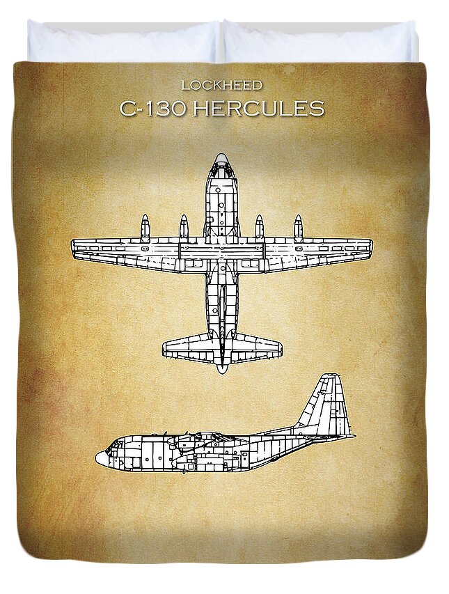 C130 Duvet Cover featuring the digital art C130 Hercules Blueprint by Airpower Art