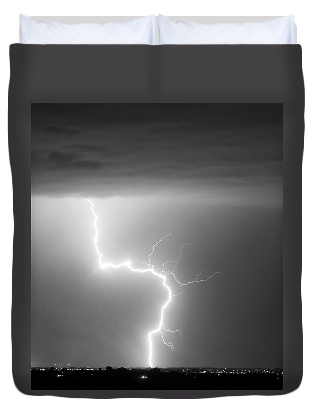 City Duvet Cover featuring the photograph C2G Lightning Strike in Black and White by James BO Insogna