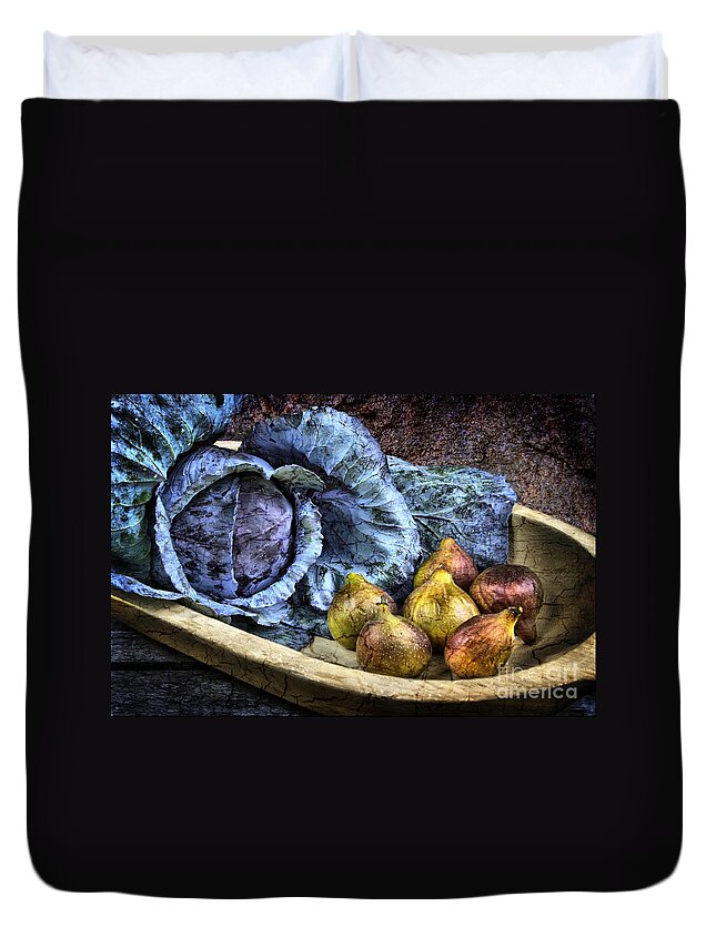 Still Life Duvet Cover featuring the photograph Cabbage and Figs by Sari Sauls