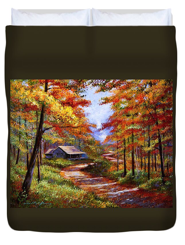 Autumn Duvet Cover featuring the painting Cabin In the Woods by David Lloyd Glover