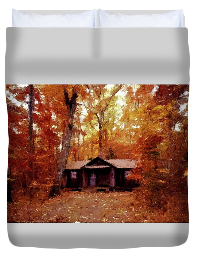 Cabin Duvet Cover featuring the painting Cabin In The Woods P D P by David Dehner