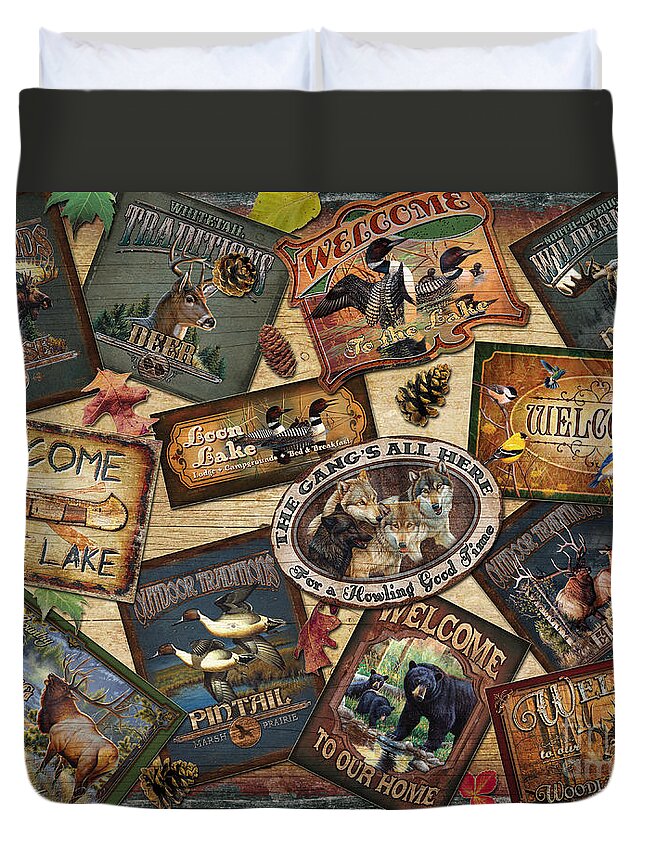 Cynthie Fisher Duvet Cover featuring the painting Cabin sign collage by JQ Licensing