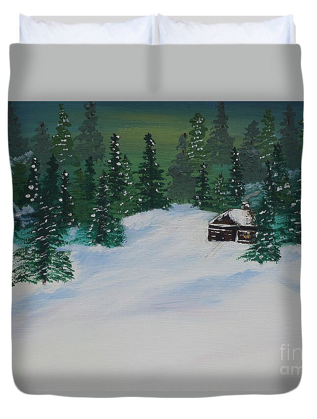 Snow Duvet Cover featuring the painting Cabins in the Woods by Jimmy Clark
