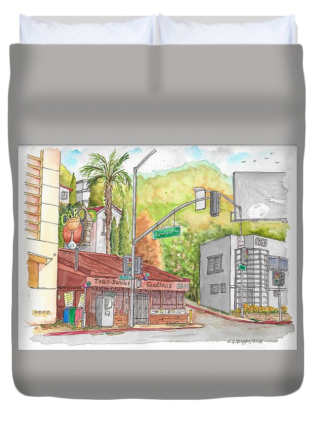 Cantina Duvet Cover featuring the painting Cabo Cantina, Sunset Blvd and Sweetzer Ave., West Hollywood, California by Carlos G Groppa