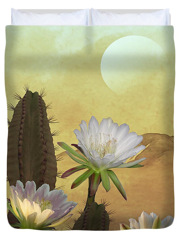 Flowers Duvet Cover featuring the painting Cactus Flowers at Sunrise by M Spadecaller