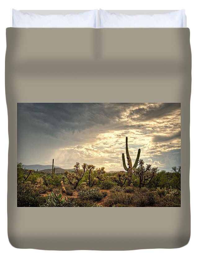 Arizona Duvet Cover featuring the photograph Cactus Man Greeting the Morning by Saija Lehtonen
