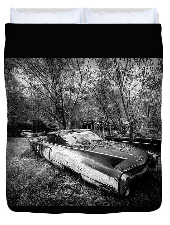 American Duvet Cover featuring the photograph Caddy in the Woods Black and White by Debra and Dave Vanderlaan