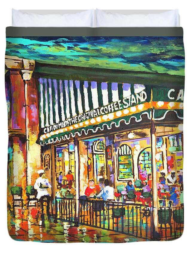 New Orleans Art Duvet Cover featuring the painting Cafe du Monde Night by Dianne Parks