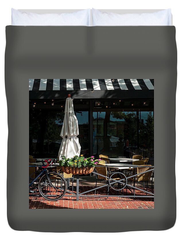 City Duvet Cover featuring the photograph Cafe Umbrella 3105 by Ginger Stein