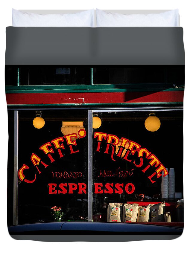 Bonnie Follett Duvet Cover featuring the photograph Caffe Trieste Espresso WIndow by Bonnie Follett