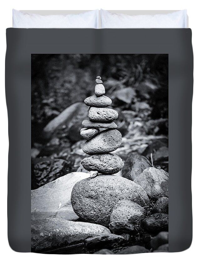 Inuksuk Duvet Cover featuring the photograph Cairn - Black and White by The Flying Photographer