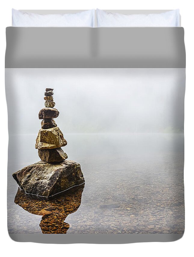 Concept Duvet Cover featuring the photograph Cairn in a Foggy Lake by Pelo Blanco Photo