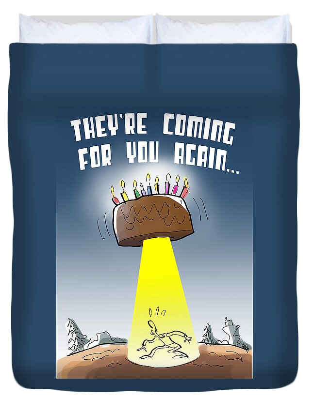 Birthday Duvet Cover featuring the digital art Cake Spaceship by Mark Armstrong