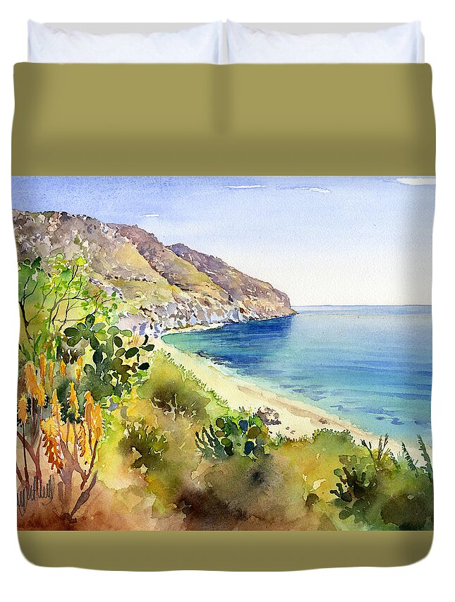 Beach Duvet Cover featuring the painting Cala De San Pedro by Margaret Merry
