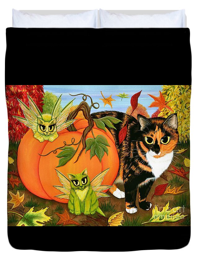 Fairy Cat Duvet Cover featuring the painting Calico's Mystical Pumpkin - Fairy Cats by Carrie Hawks
