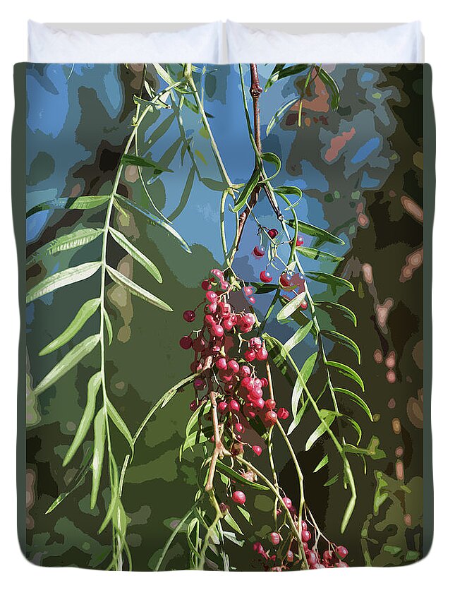 Linda Brody Duvet Cover featuring the digital art California Pepper Tree Leaves Berries Abstract by Linda Brody