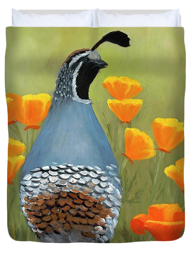Quail Duvet Cover featuring the painting California Poppies and Quail by Julie Peterson