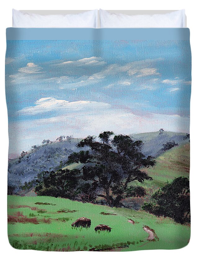 Sky Duvet Cover featuring the painting California Spring by Masha Batkova