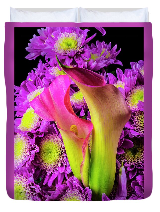 Purple Duvet Cover featuring the photograph Calla Lillies And Poms by Garry Gay
