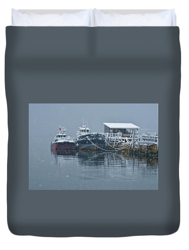 Tugboats Snow Tranquility Maine Winter Serenity 'clam Be For The Storm Duvet Cover featuring the photograph Calm Before the Storm by Jeff Cooper