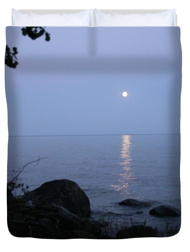 Calm Lake Duvet Cover featuring the photograph Calm Lake and Moon by Mary Mikawoz